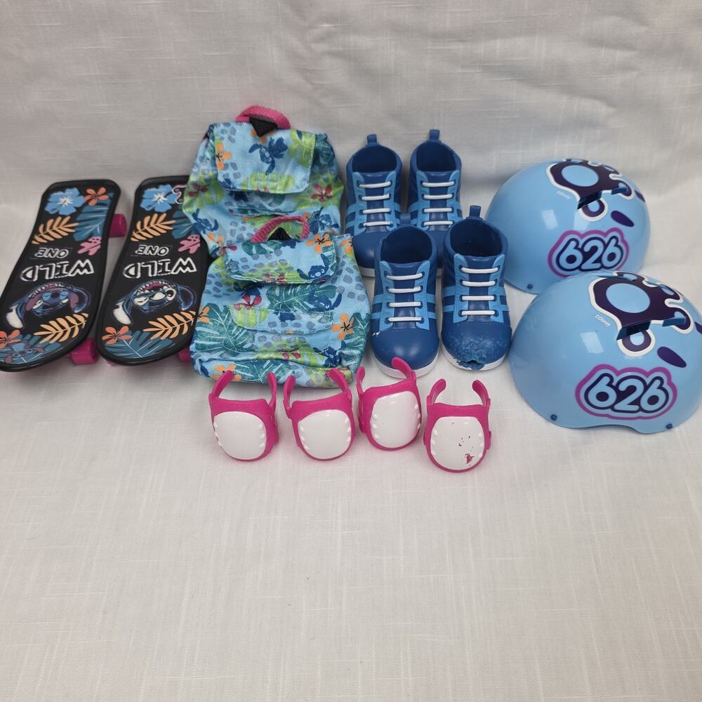 Disney Stitch Doll Accessories Lot Helmets Skateboards Shoes Backpacks Knee Pads